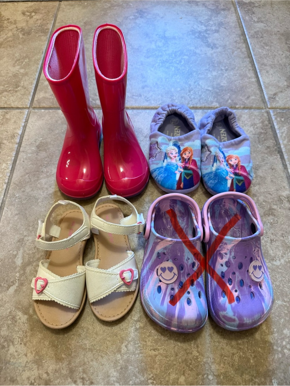 Girls Shoes size 8 Bundle (Carter’s sandals, Disney Frozen Slippers, Rainboots)